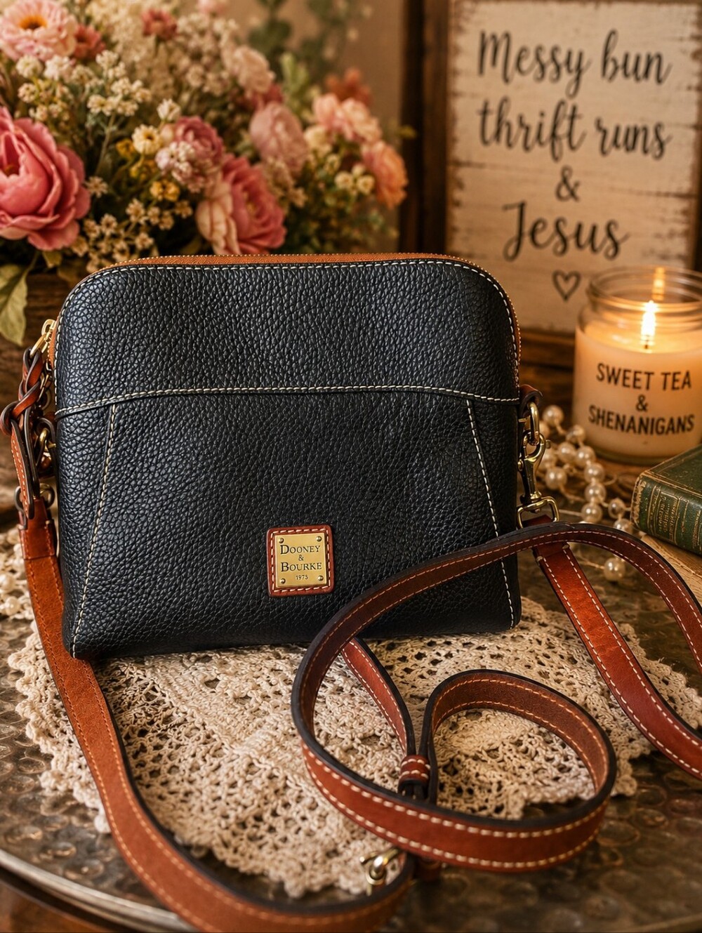 Dooney & Bourke Black Pebble Grain Leather Crossbody Bag Brown Trim